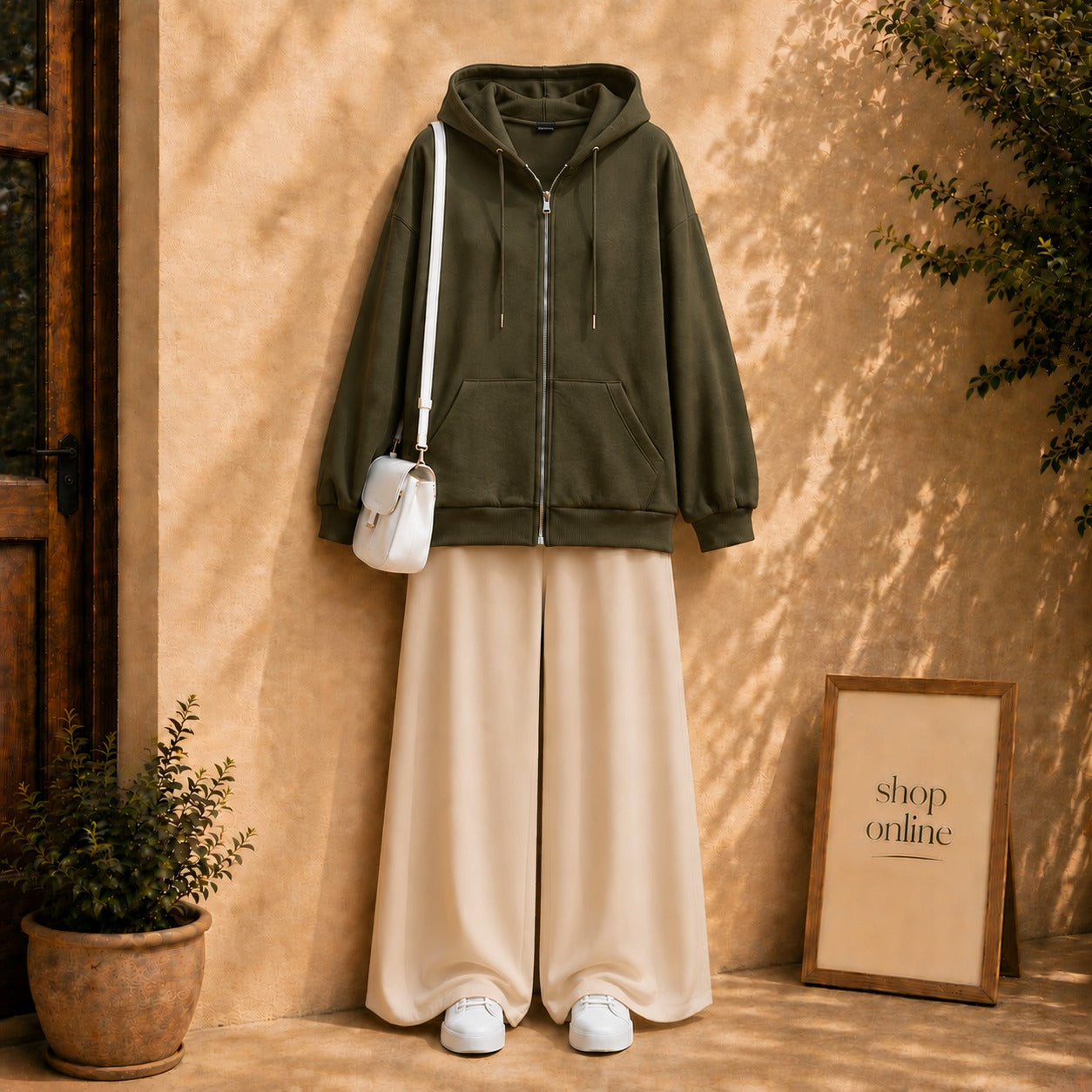 Olive green Zipper with Beige Flapper