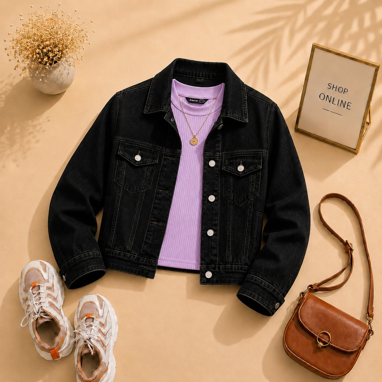 Black Denim Jacket with lilac Tank Top