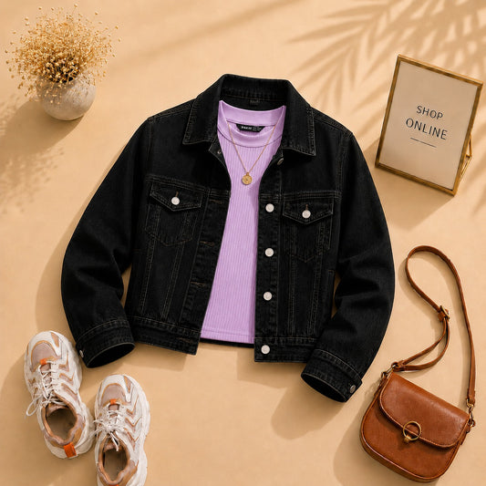 Black Denim Jacket with lilac Tank Top