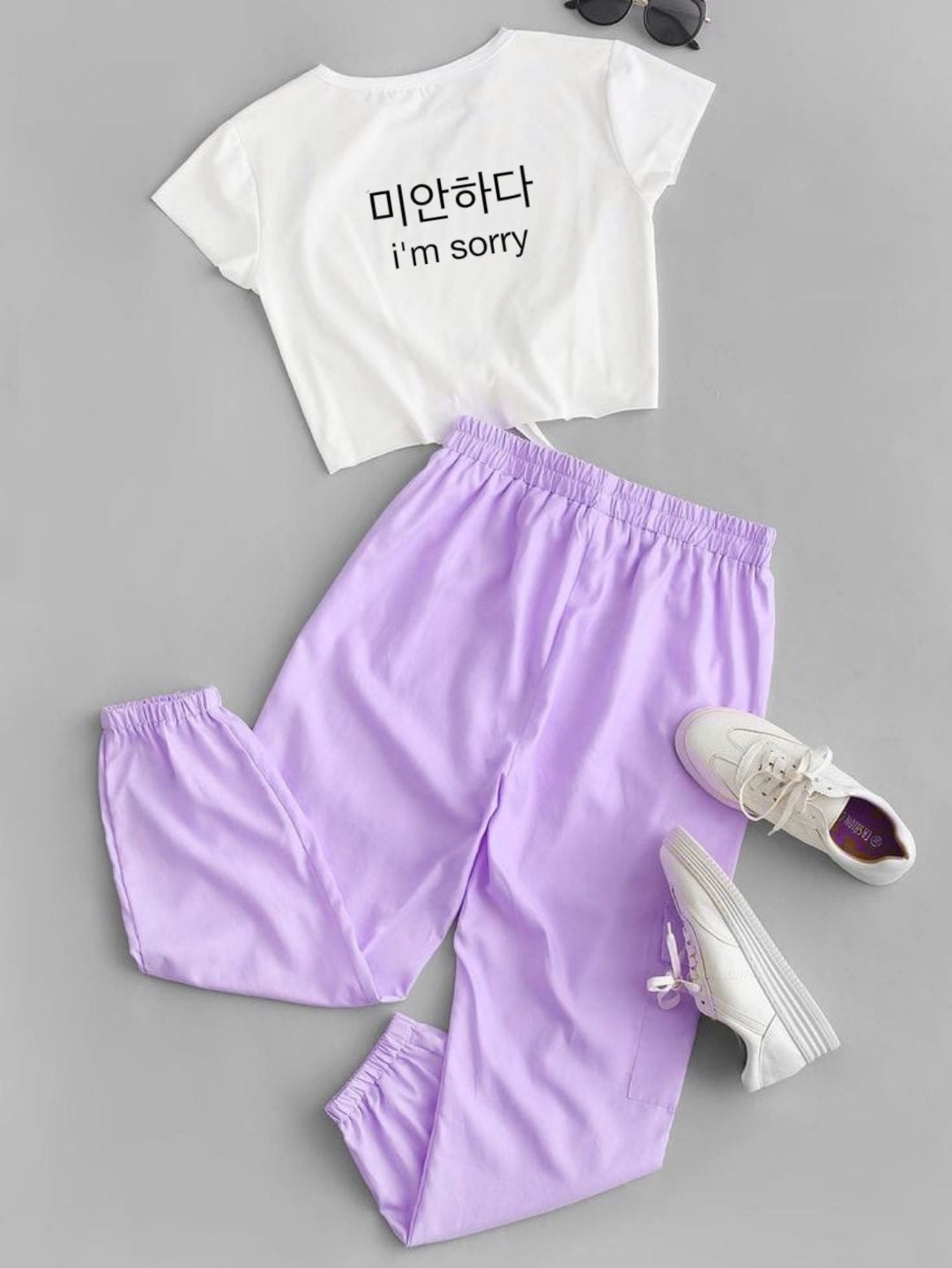 LILAC TROUSER-WHITE CROP TEE I M SORRY