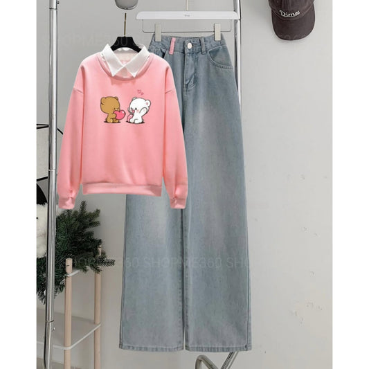 PINK COLLAR SWEATSHIRT PAIRS-SKY BLUE WIDE LEG JEANS