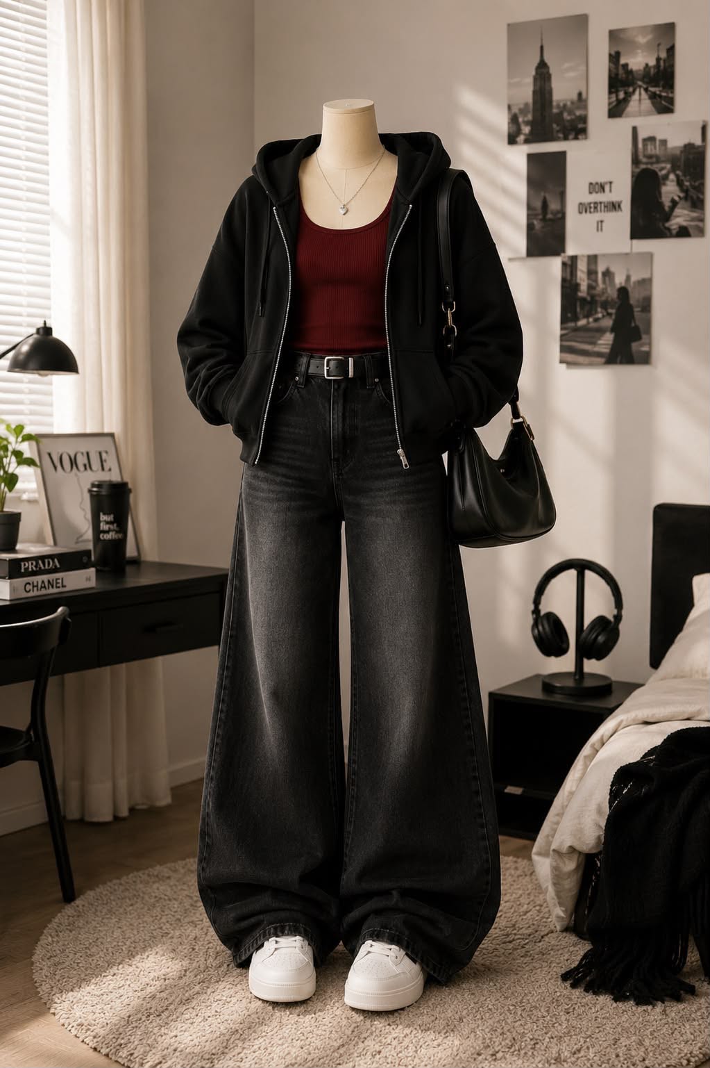 Black Crop zipper maroon Tank Top and black vintage Faded Jeans