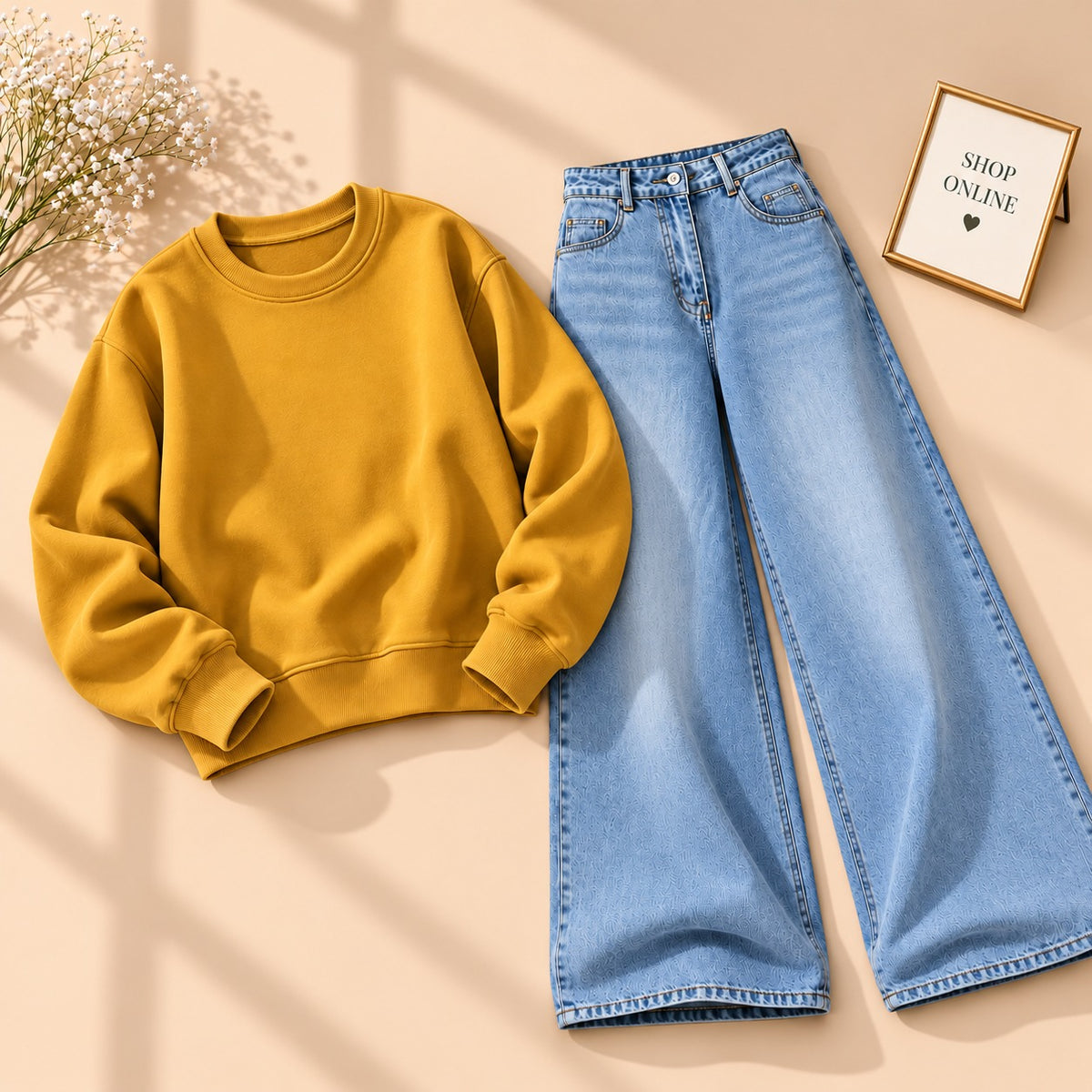 Mustard Sweatshirt With Ice Blue Vintage Faded Jeans