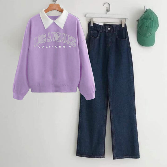 LILAC COLLAR SWEATSHIRT LOSS AGNGELES-DARK BLUE WIDE LEG JEANS