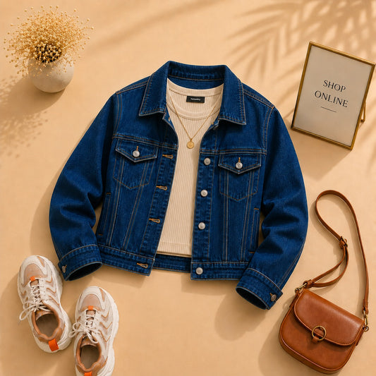 Dark blue Denim Jacket with Beige Tank Top