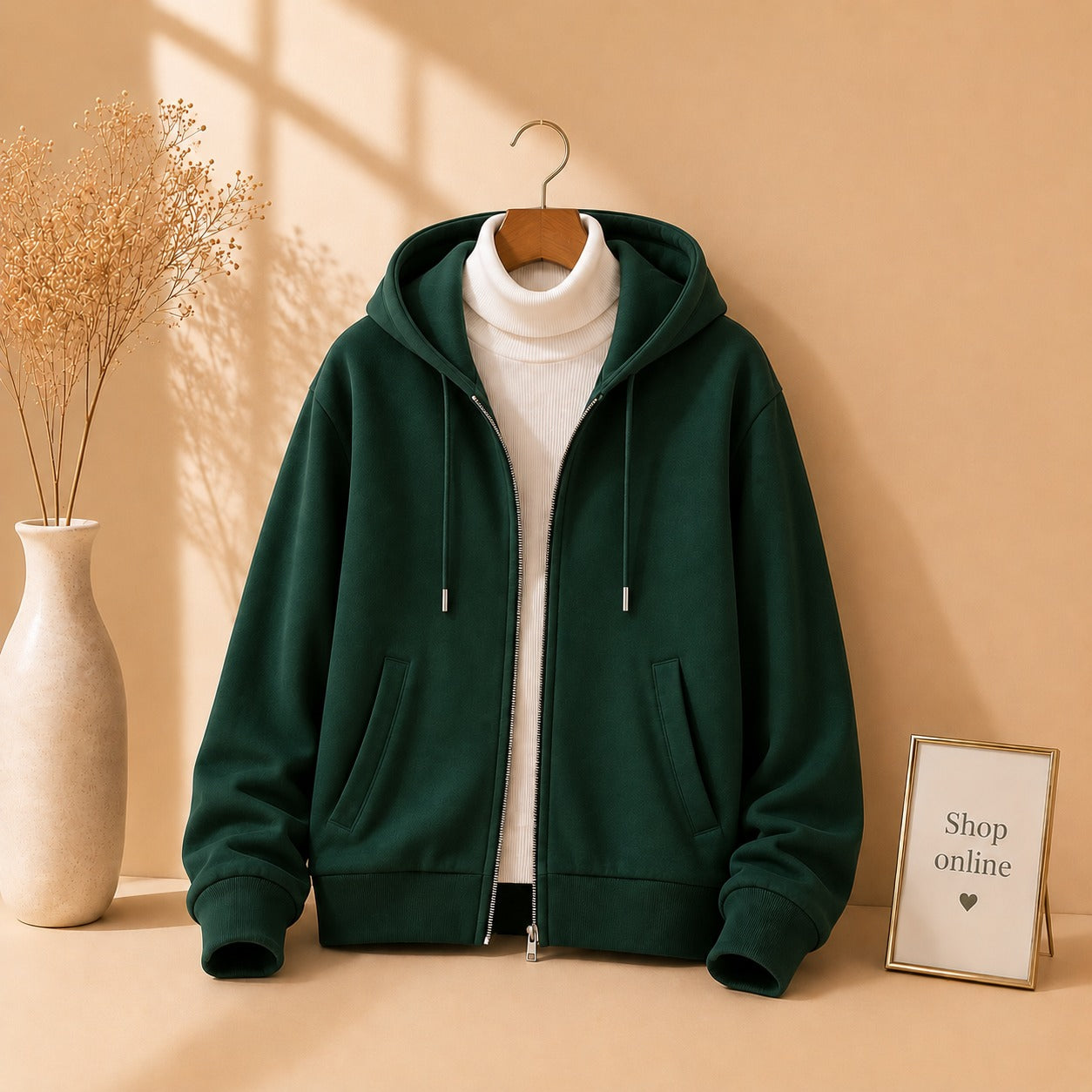 Bottle green Zipper With White Highneck