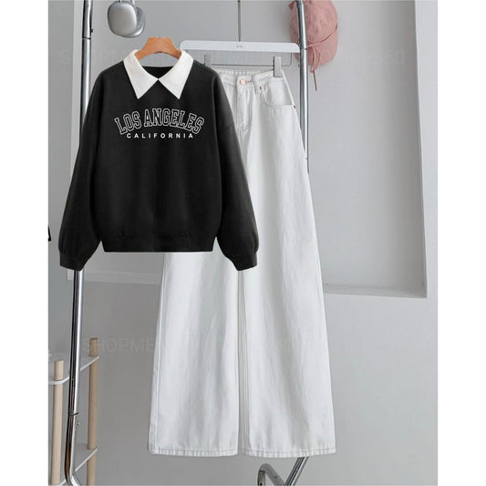 BLACK COLLAR SWEATSHIRT LOS ANGELES -WHITE WIDE LEG JEANS