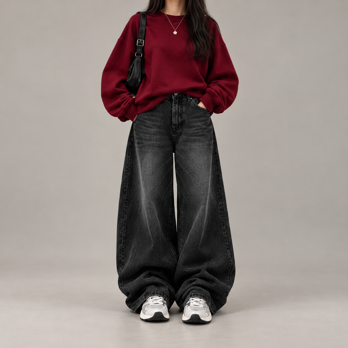 Maroon Sweatshirt With Black Vintage Faded Jeans