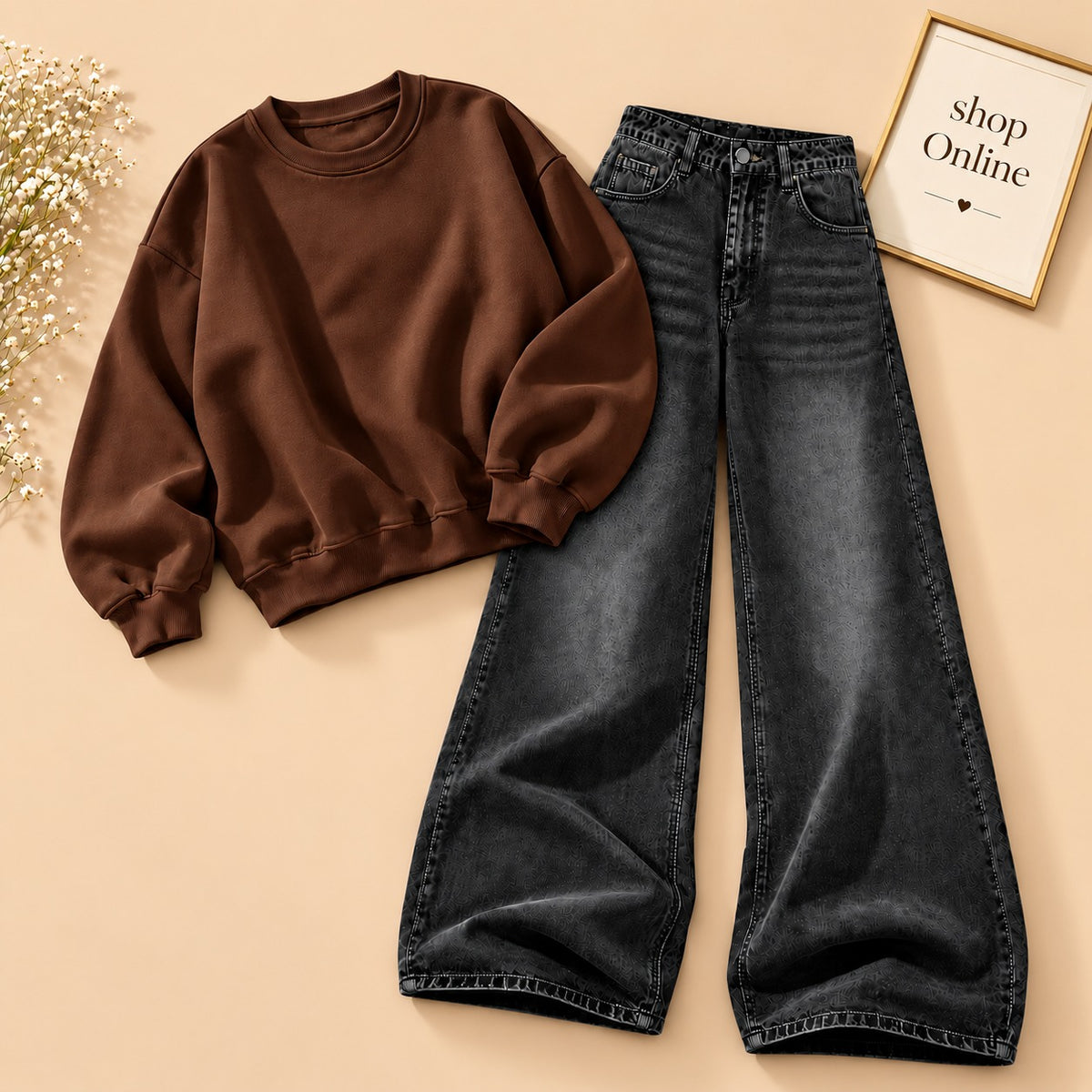 Dark Brown Sweatshirt With Black Vintage Faded Jeans