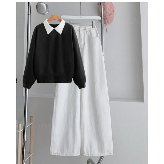 BLACK COLLAR SWEATSHIRT-WHITE WIDE LEG JEANS