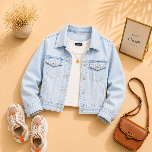 Ice blue Denim Jacket with White Tank Top