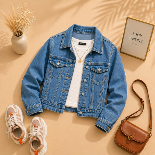 Mid blue Denim Jacket with White Tank Top
