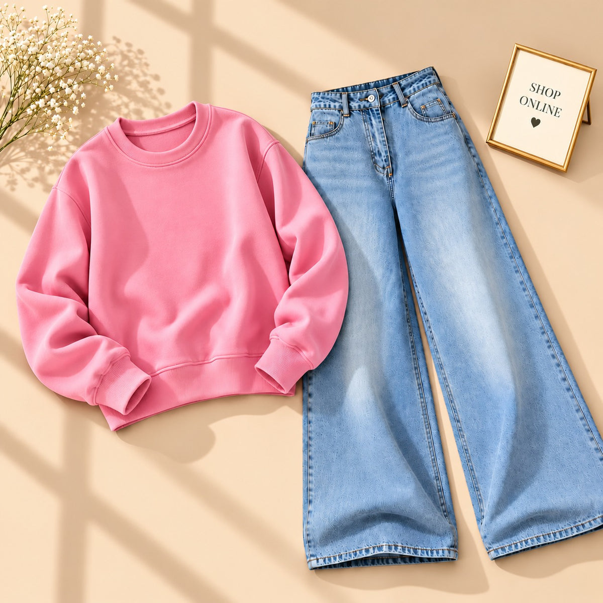 Pink Sweatshirt With Ice Blue Vintage Faded Jeans