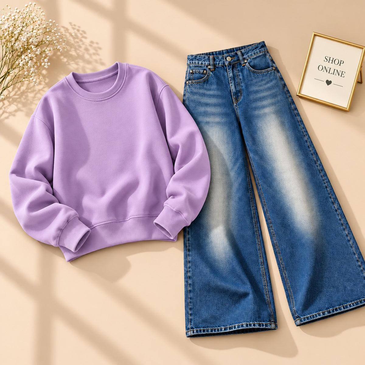 Lalic Sweatshirt With Dark Blue Vintage Faded Jeans