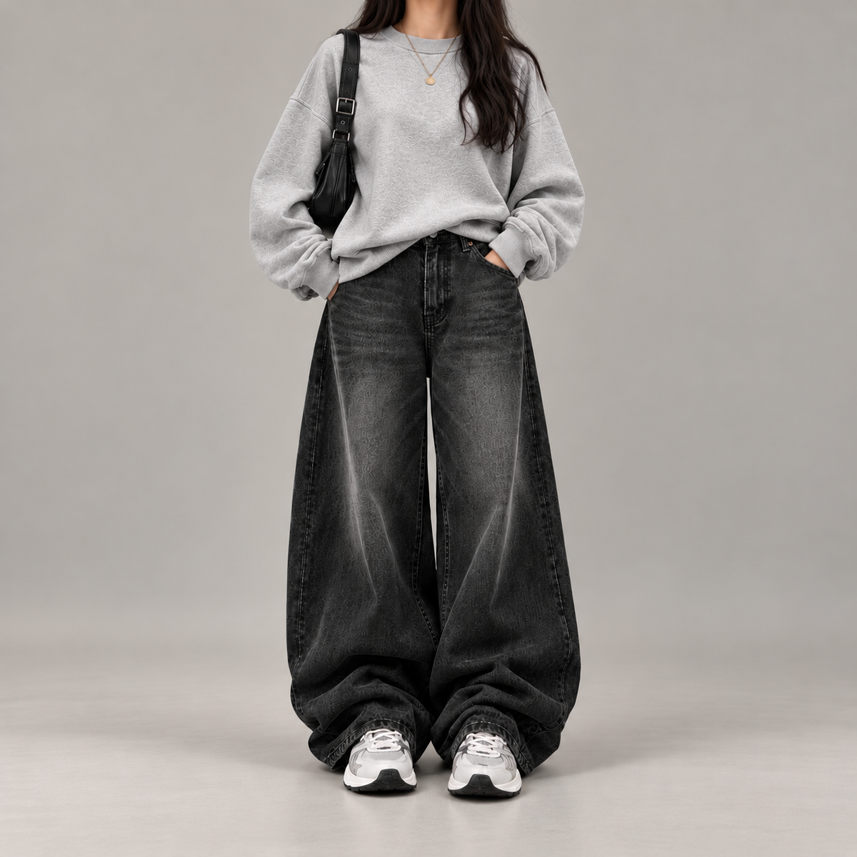 Gray Sweatshirt With Black Vintage Faded Jeans
