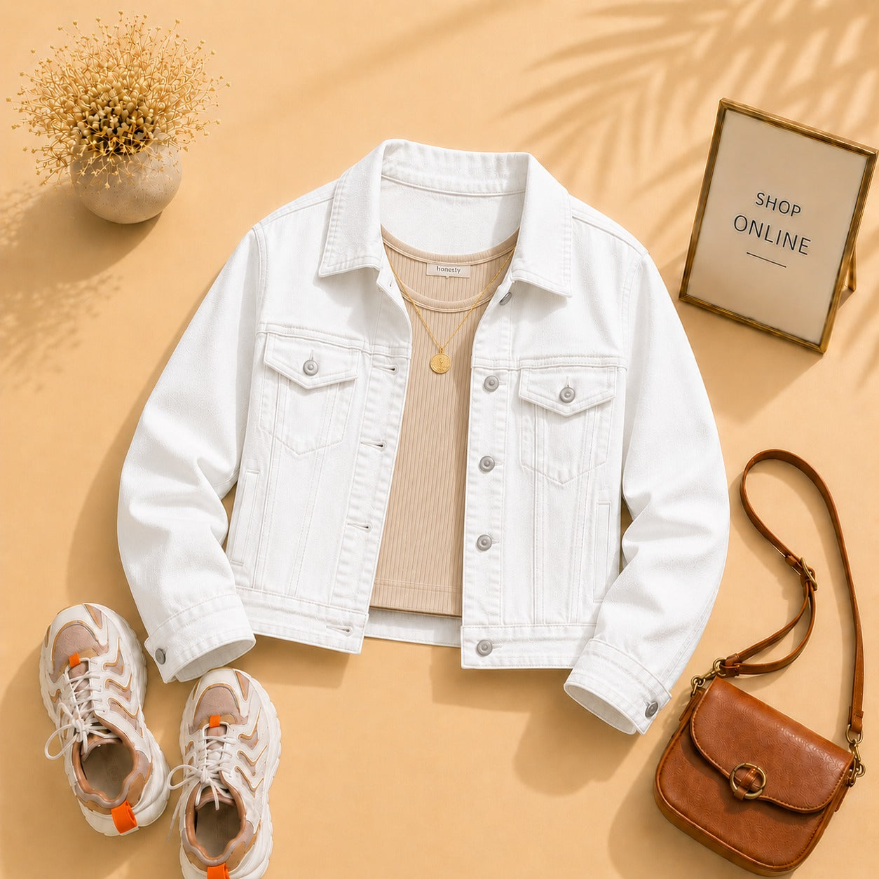 White Denim Jacket with Beige Tank Top