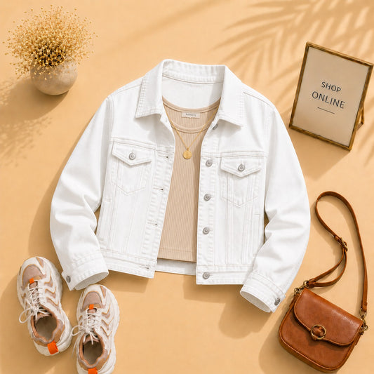 White Denim Jacket with Beige Tank Top