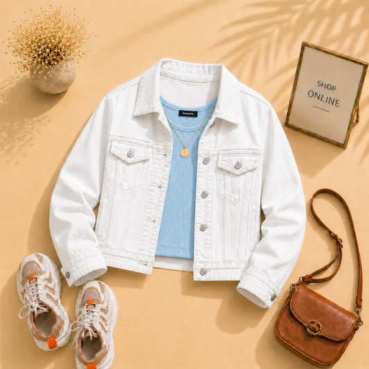 White Denim Jacket with sky blue Tank Top