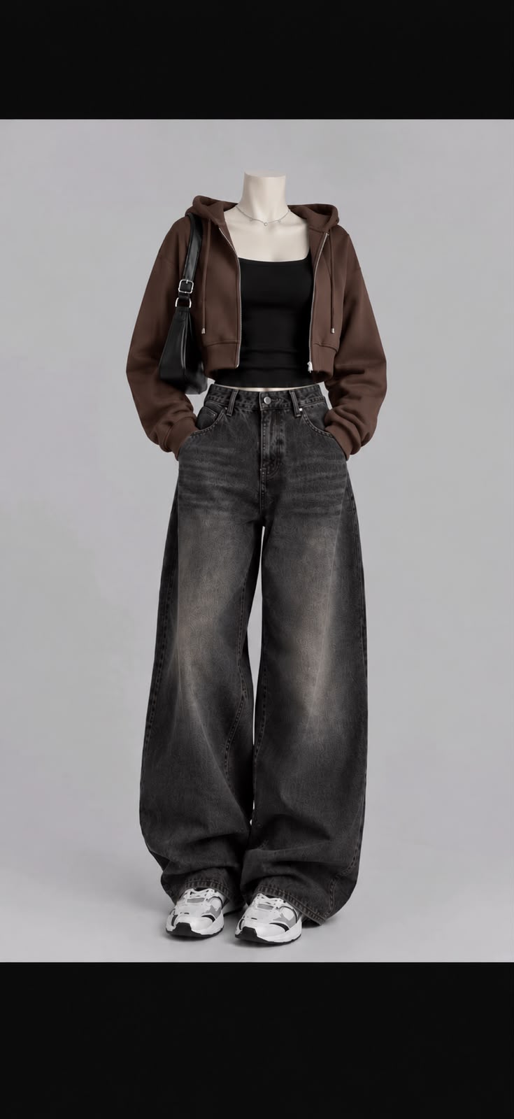 Dark brown Crop zipper black Tank Top and black vintage Faded Jeans