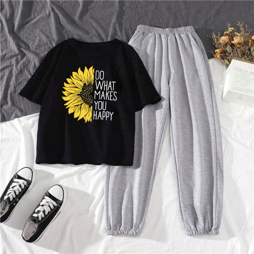 GREY TROUSER-BLACK TEE DO WHAT MAKES YOU HAPPY
