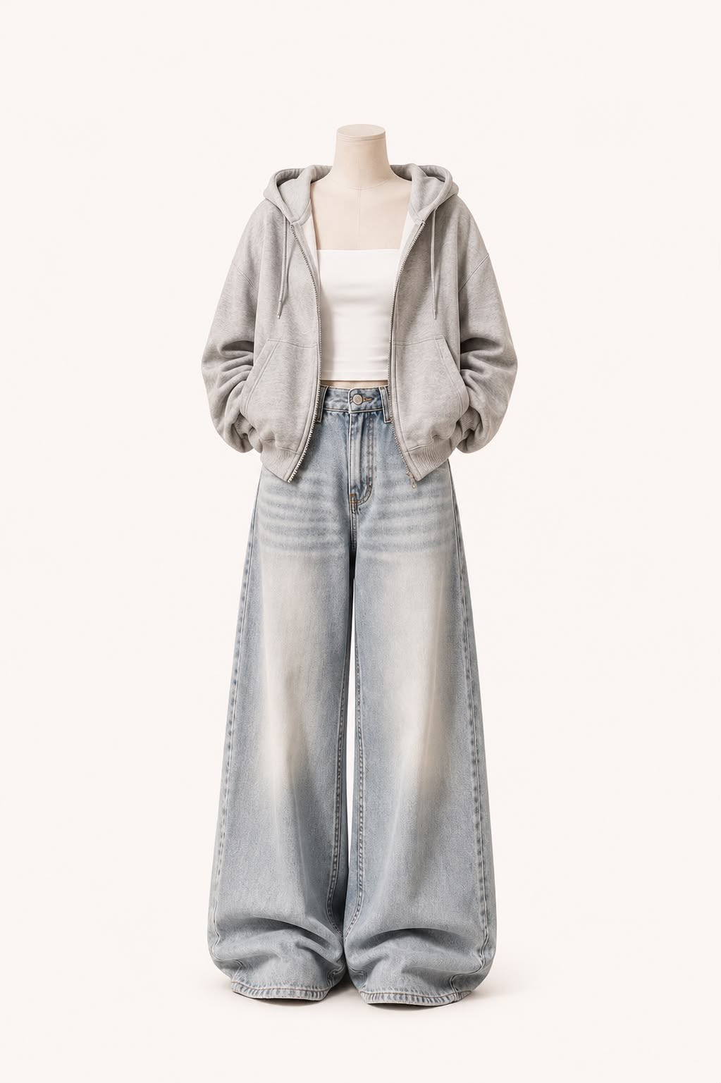 Gray zipper white Tank Top and ice blue vintage Faded Jeans