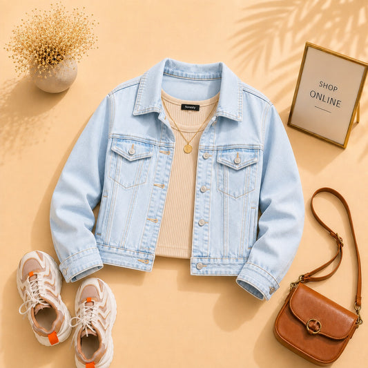 Ice blue Denim Jacket with Beige Tank Top