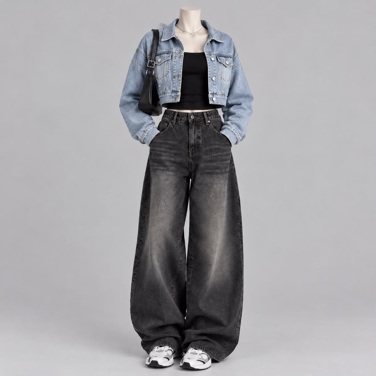 Ice Blue Jacket Black Tank Top and black vintage Faded Jeans