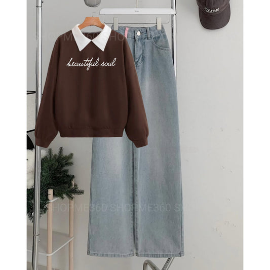 BROWN COLLAR SWEATSHIRT BEAUTIFUL SOUL-SKY BLUE WIDE LEG JEANS