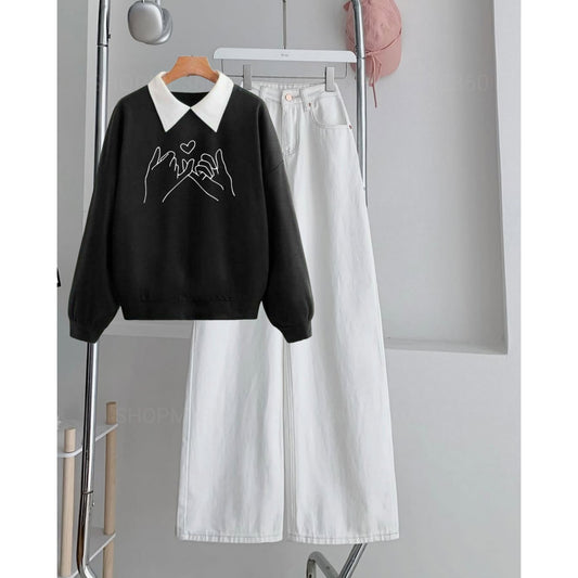 BLACK COLLAR SWEATSHIRT PINKY PROMISE -WHITE WIDE LEG JEANS