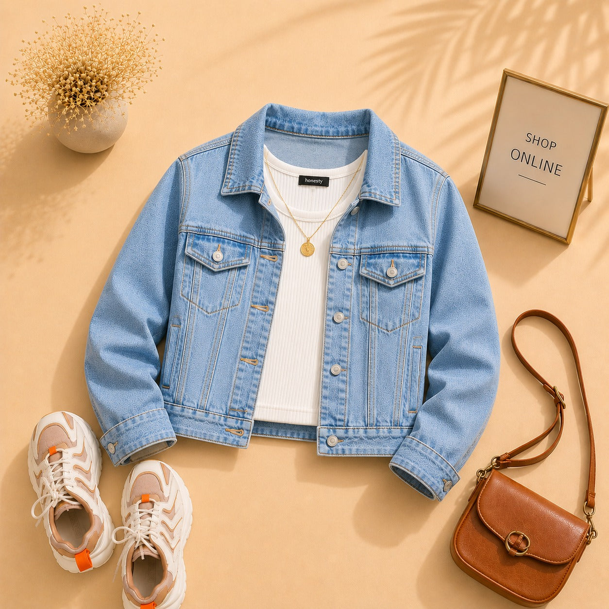 Sky blue Denim Jacket with White Tank Top