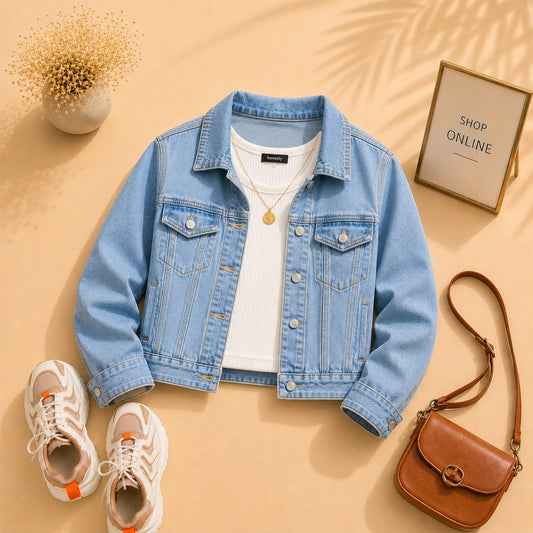 Sky blue Denim Jacket with White Tank Top