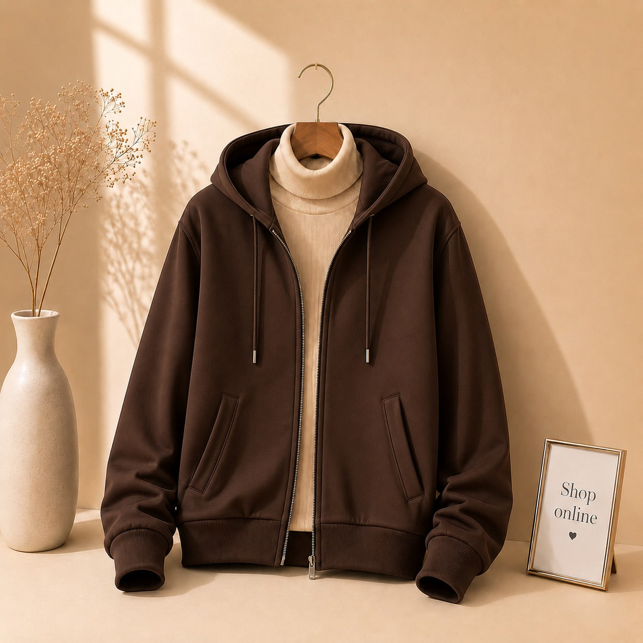Dark brown Zipper With Beige Highneck