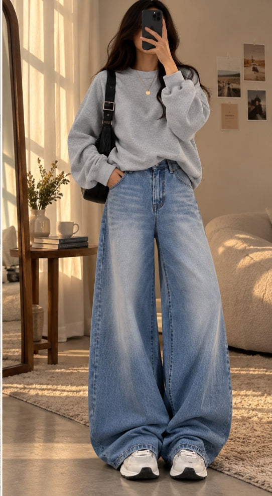 Gray Sweatshirt With sky Blue Vintage Faded Jeans