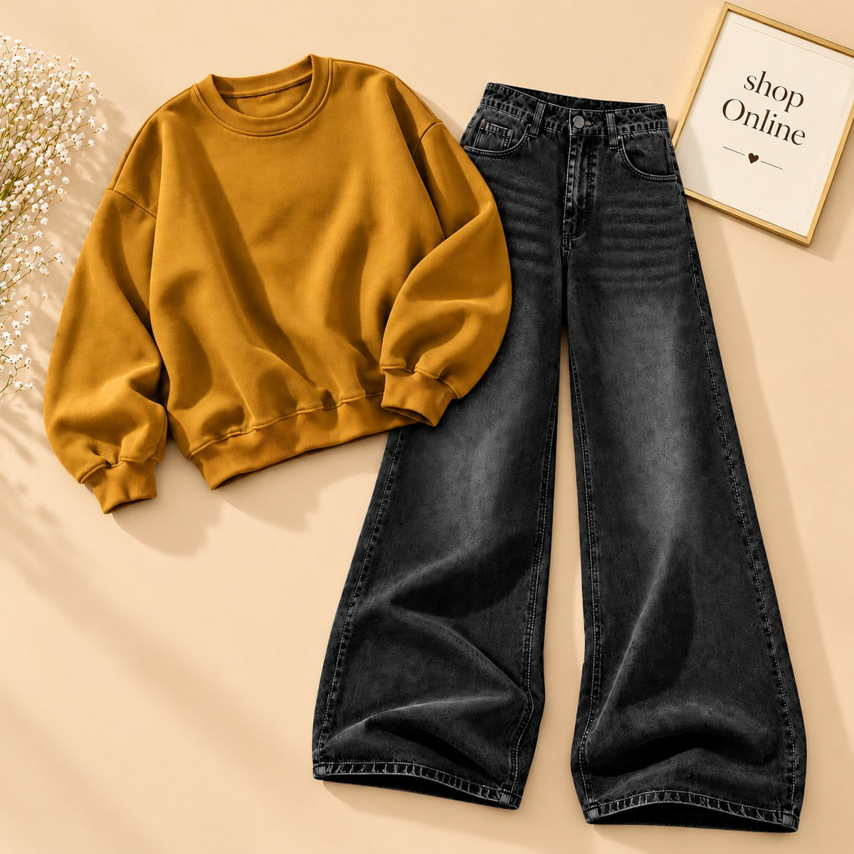 Mustard Sweatshirt With Black Vintage Faded Jeans