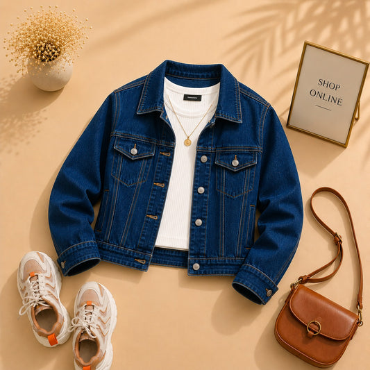 Dark blue Denim Jacket with White Tank Top
