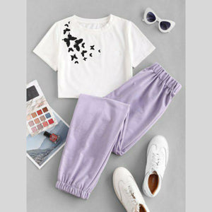 LILAC TROUSER-WHITE CROP SHOULDER BUTTERFLY