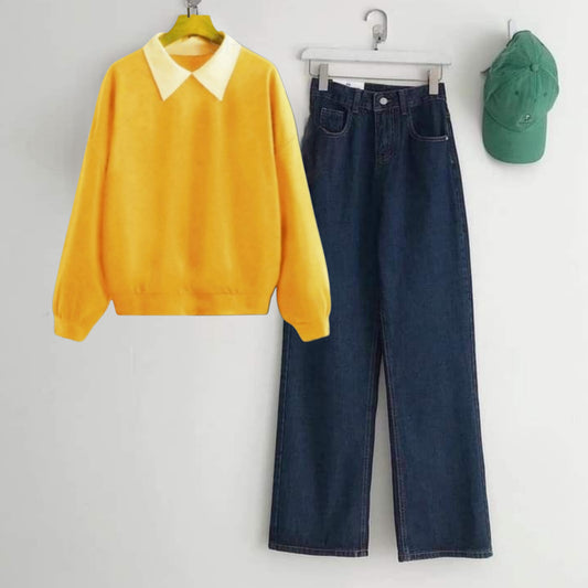 YELLOW COLLAR SWEATSHIRT-DARK BLUE WIDE LEG JEANS
