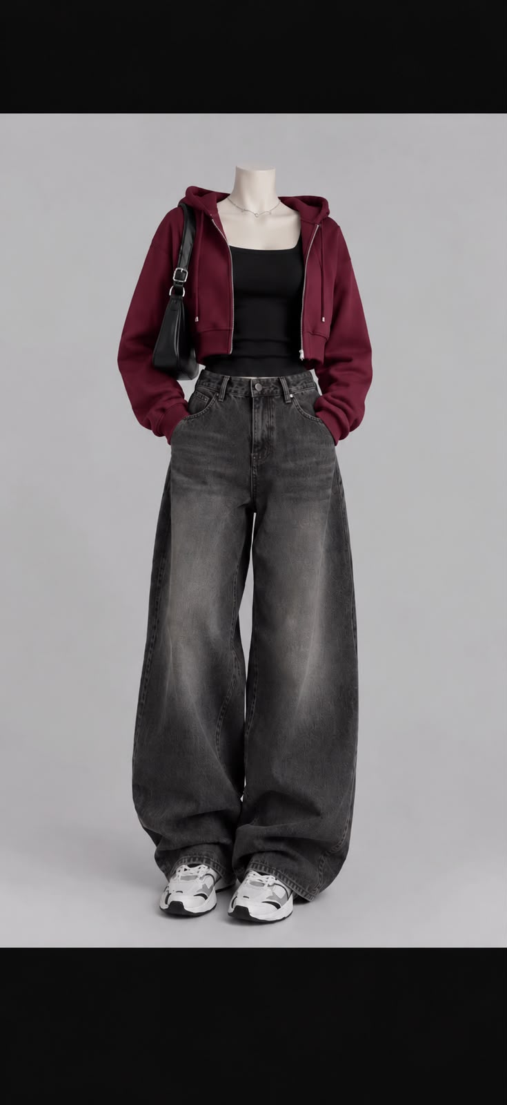 Maroon Crop zipper black Tank Top and black vintage Faded Jeans