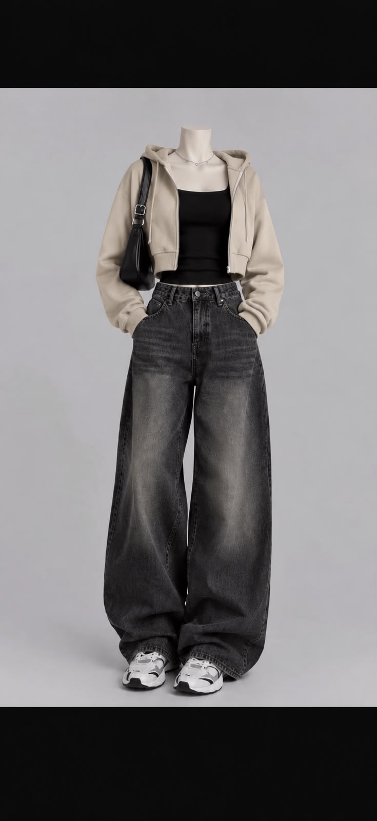 White Crop zipper black Tank Top and black vintage Faded Jeans