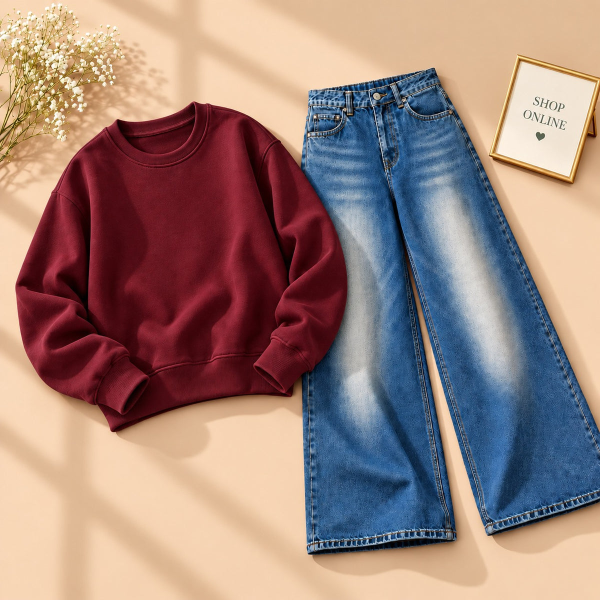 Maroon Sweatshirt With Dark Blue Vintage Faded Jeans