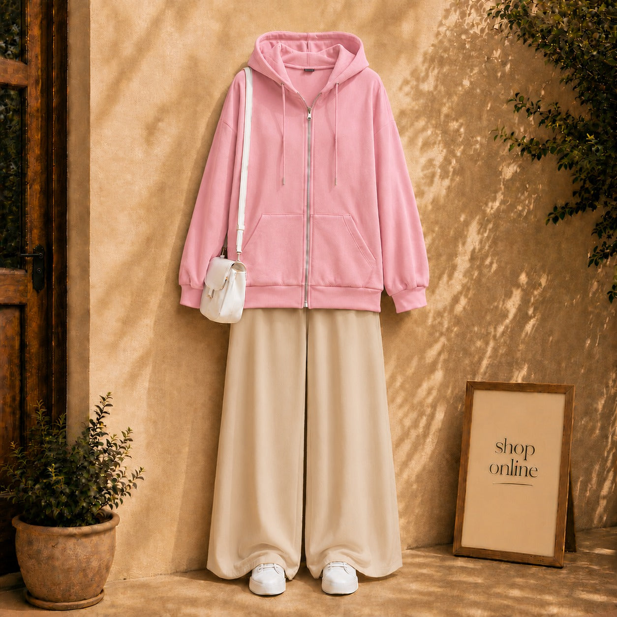 Pink Zipper with beige Flapper
