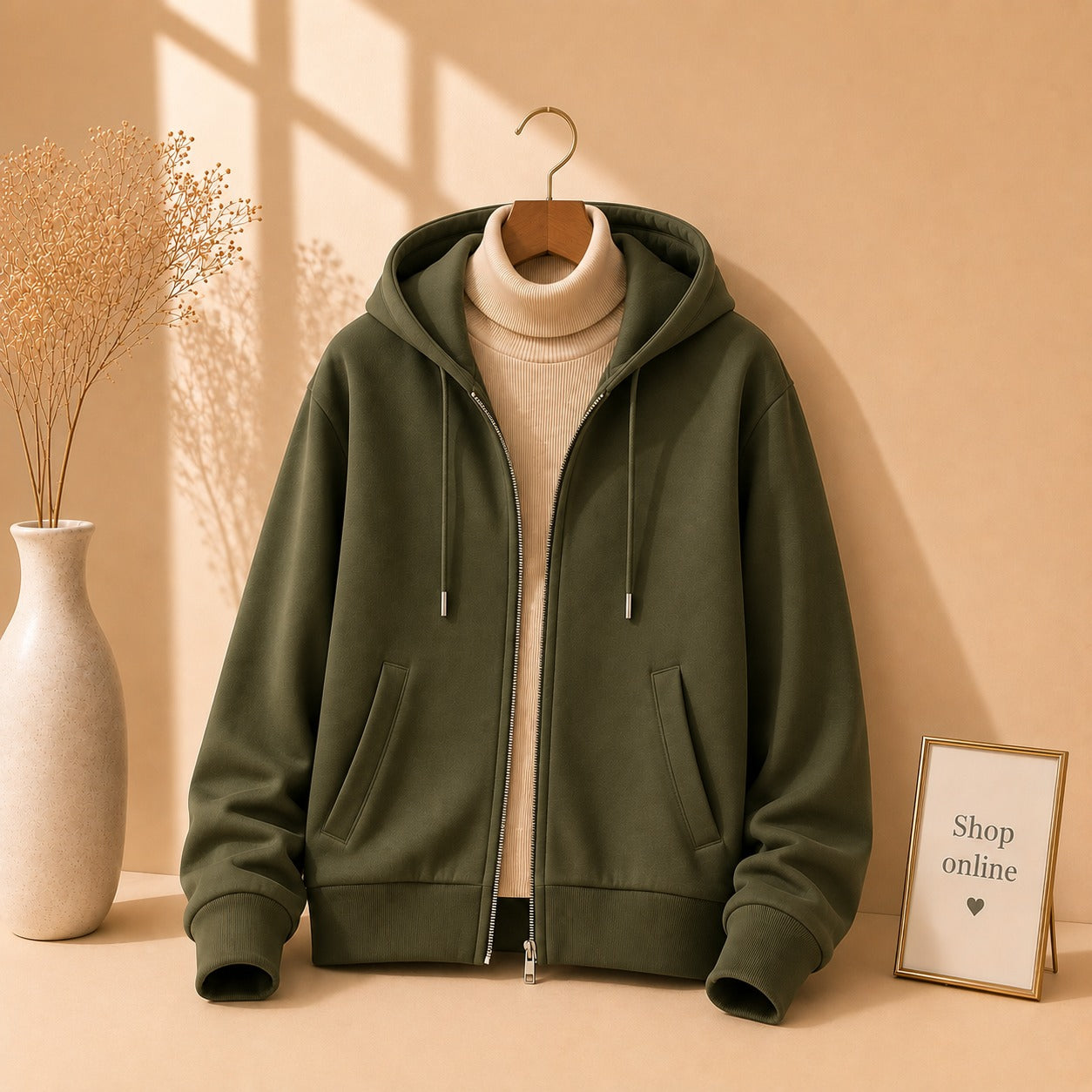 Olive green Zipper With Beige Highneck