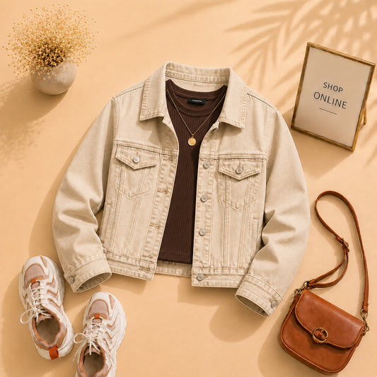 Beige Denim Jacket with Dark Brown Tank Top